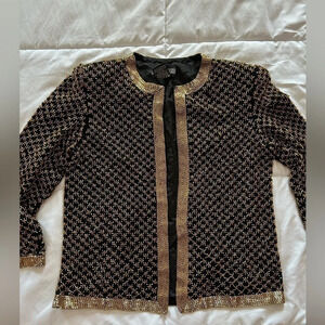 Vintage Jessica Howard Metallic Black Gold Beaded Silk Jacket Women's Medium